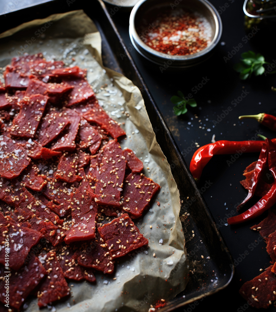 raw beef strips with spices and red pepper on baking sheet fresh seasoned meat preparation
