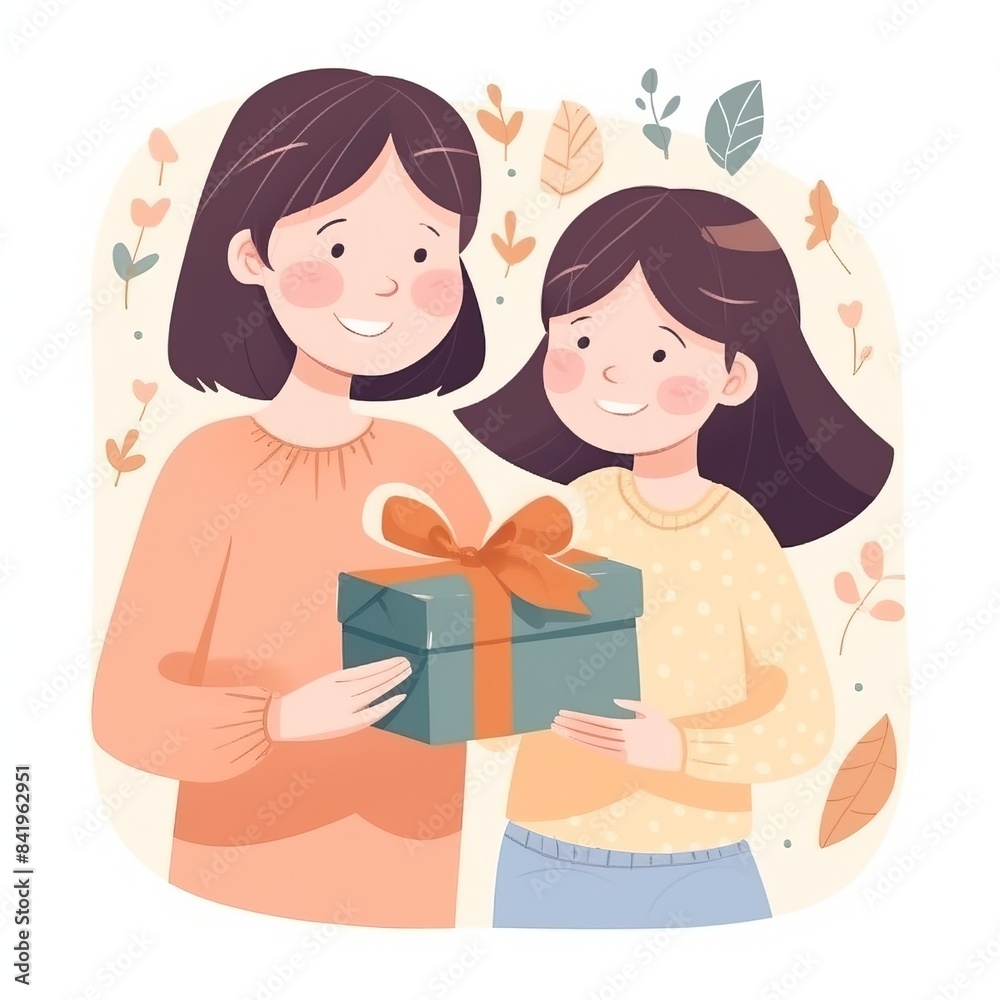 Happy mother's day. Child daughter surprise mom giving her a gift. Concept about family and love Happy mother's day. Child daughter surprise mom giving her a gift. Concept about family and love