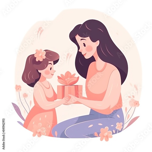 Happy mother's day. Child daughter surprise mom giving her a gift. Concept about family and love