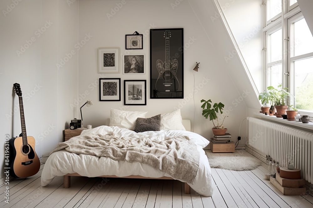 Bohemian Scandinavian bedroom with modern frame