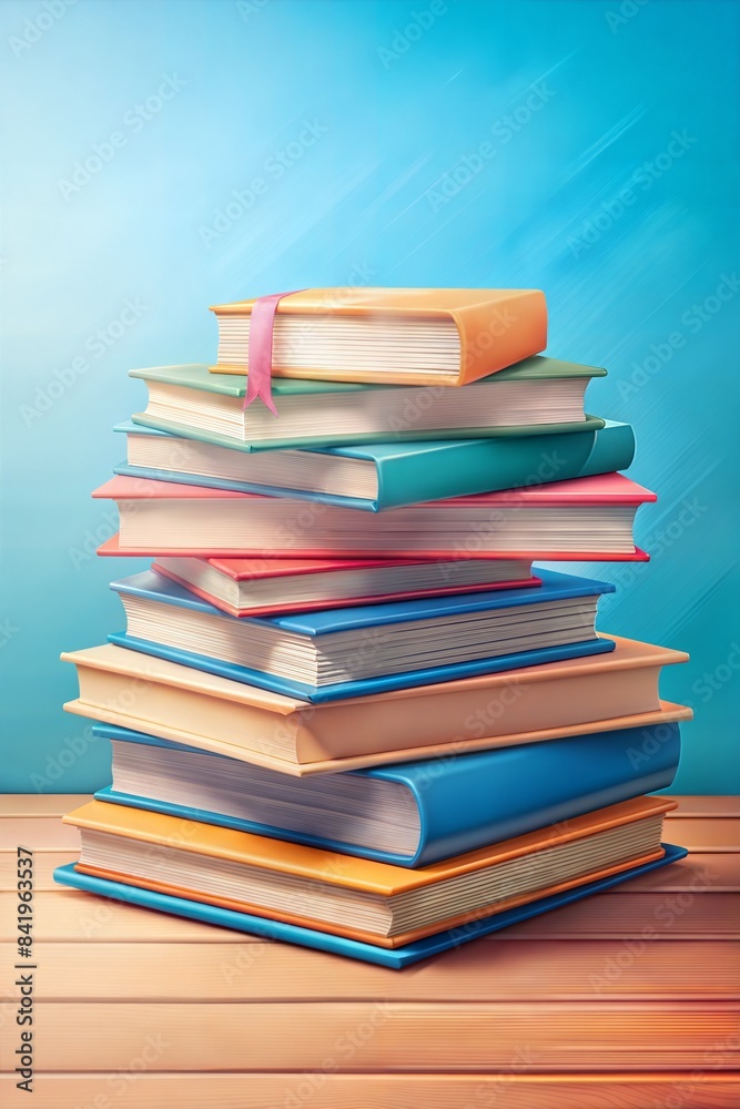 Stack of school books on a wooden table against a vibrant blue background with ample copy space for text symbolizing knowledge and education, learning, study Stack of school books on a wooden table against a vibrant blue background with ample copy space for text symbolizing knowledge and education, learning, study