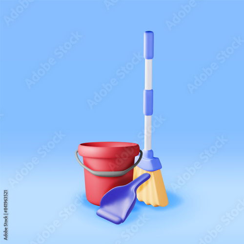 3d cleaning time or service concept isolated. Render empty bucket with broom and dustpan for cleaning and washing. House cleaning equipment. Household accessories. Realistic vector illustration