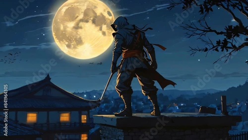 ninja standing on the roof of the house. full moon background. smooth looping video photo