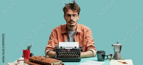 A man with a mustache is sitting at a desk, typing on a typewriter He is wearing a brown shirt and there is a coffee pot and some papers on the desk. AIGZ01