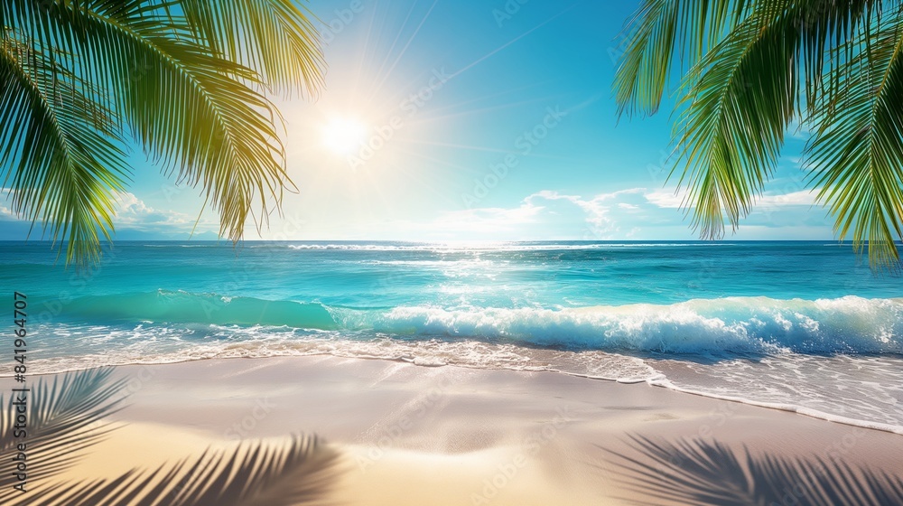 summer beach background with palm Leaves, empty tropical beach summer beach background with palm Leaves, empty tropical beach