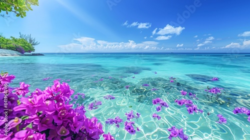 Tropical summer lagoon with crystal-clear aquamarine water and exotic purple flowers, perfect for copy space for text © Hammad