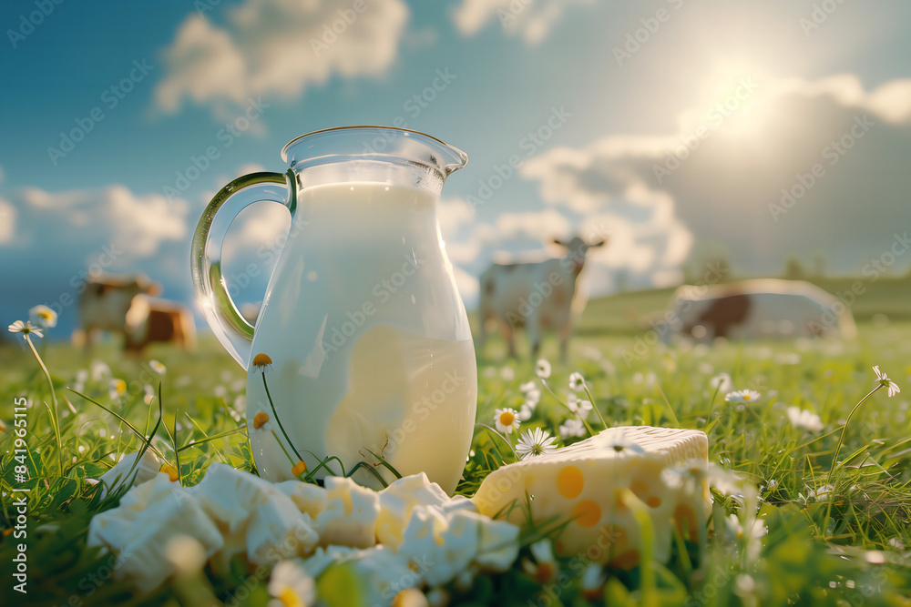 Freshly milked organic natural farm bio glass jag of milk with cheese in green grass field with daisies flowers around, cows in background, dairy products concept. Freshly milked organic natural farm bio glass jag of milk with cheese in green grass field with daisies flowers around, cows in background, dairy products concept.