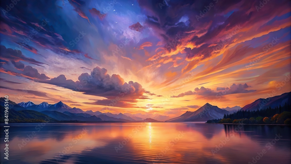 Sunset painting a vibrant sky over the tranquil Wanaka Lake in New Zealand , Wanaka, Lake, New Zealand, sunset, sky, vibrant, colors, reflection, water, peaceful, serene, beauty, nature