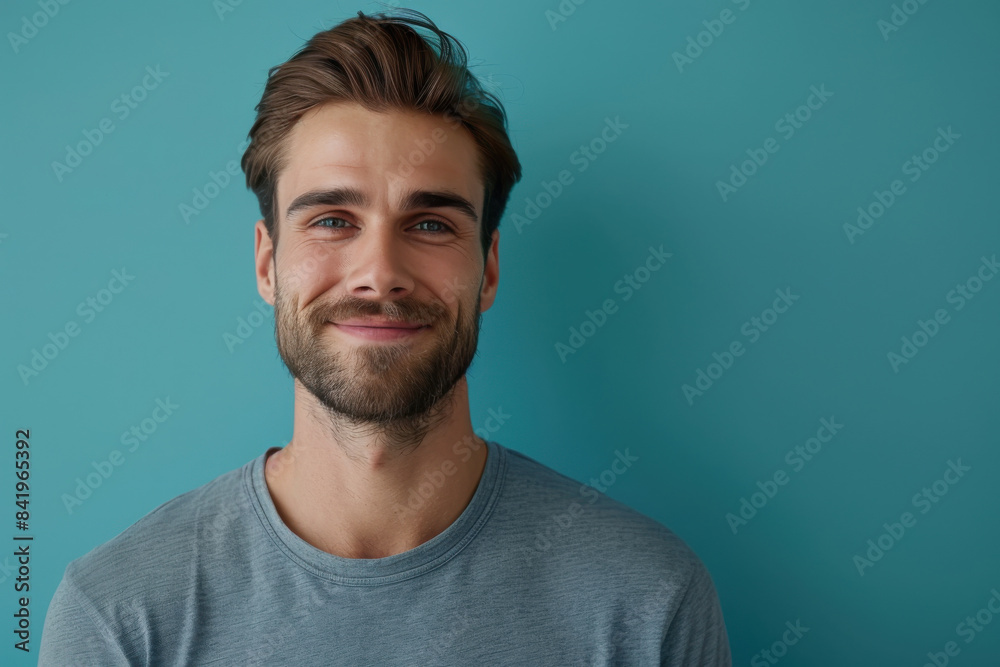 A close up portrait of a young man with a subtle smile A close up portrait of a young man with a subtle smile
