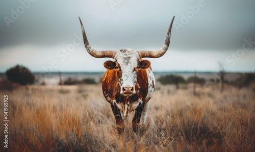 Close up of texas longhorn cattle in ranch pasture. 