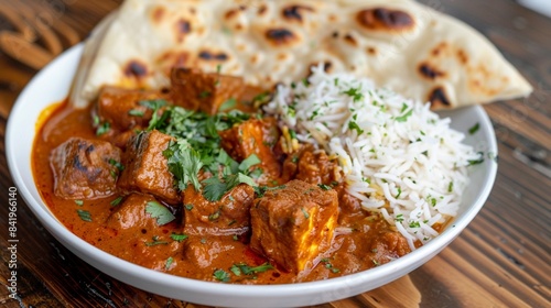 A image of a vibrant and aromatic curry dish, with tender pieces of meat or tofu, served with basmati rice and naan bread.