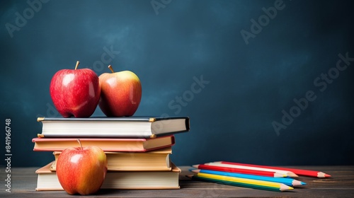 Fresh apple resting on books surrounded by pencils, set against an empty blackboard - a symbolic back-to-school scene

 photo