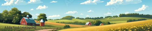 Farm scene, large agricultural fields and trees. Generative ai vector.