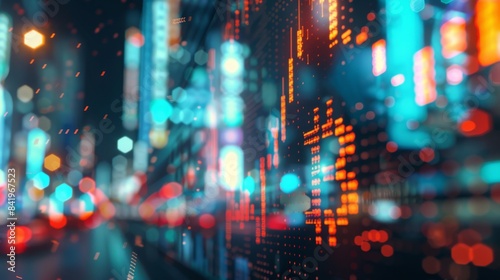 Abstract image of stock market graph with blurred skyscrapers in the background.