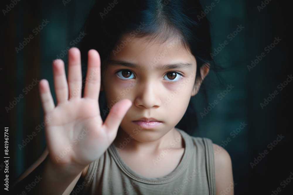 Child making a stop gesture, promoting child protection. Together we can strengthen. Child making a stop gesture, promoting child protection. Together we can strengthen.