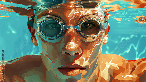 A young man swimmer dive under water  in blue waterl, face in glasses closeup. Watercolor style.  photo