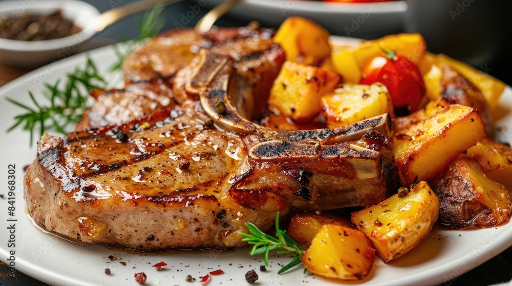 Tasty fried pork loin chops with potatoes plated up Tasty fried pork loin chops with potatoes plated up