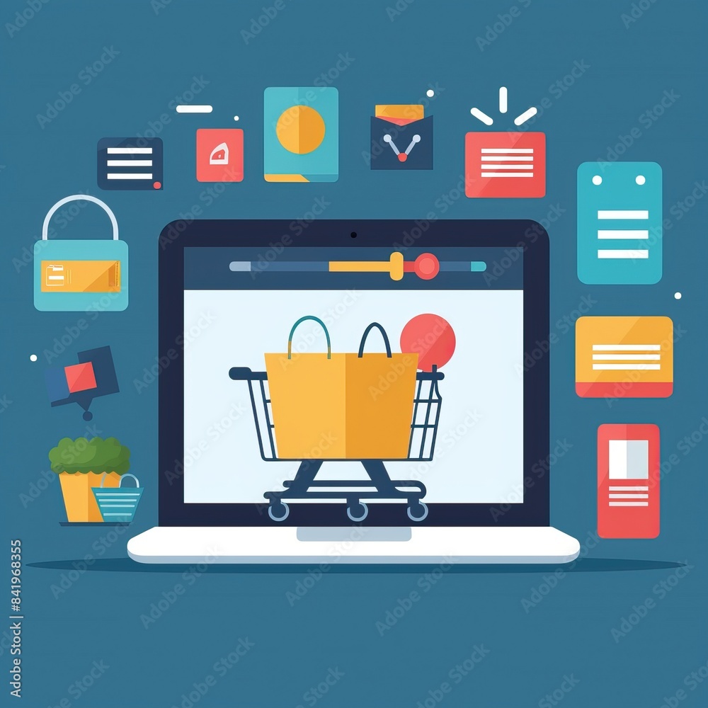 Online Shopping on Laptop and mobile banking, internet payment using credit card via mobile phone, digital marketing, E-commerce concept Online Shopping on Laptop and mobile banking, internet payment using credit card via mobile phone, digital marketing, E-commerce concept