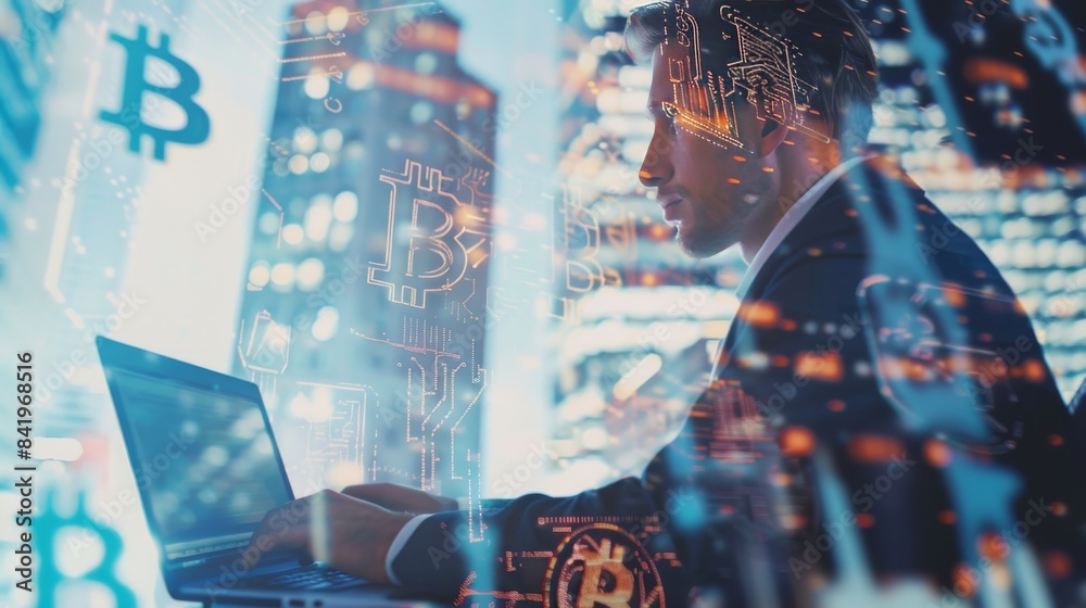 Businessman working on laptop with double exposure of circuit board and bitcoin symbols. Concept of blockchain, cryptocurrency and fintech. Businessman working on laptop with double exposure of circuit board and bitcoin symbols. Concept of blockchain, cryptocurrency and fintech.