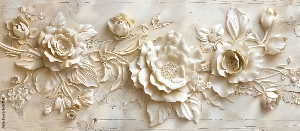 Beautiful flower 3d relief wallpaper. Mural wallpaper. Wall art. AI generated illustration. Beautiful flower 3d relief wallpaper. Mural wallpaper. Wall art. AI generated illustration.