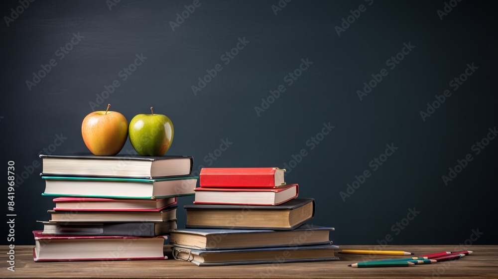 Stack of books and pencils on a school table against a blackboard in a classroom setting

