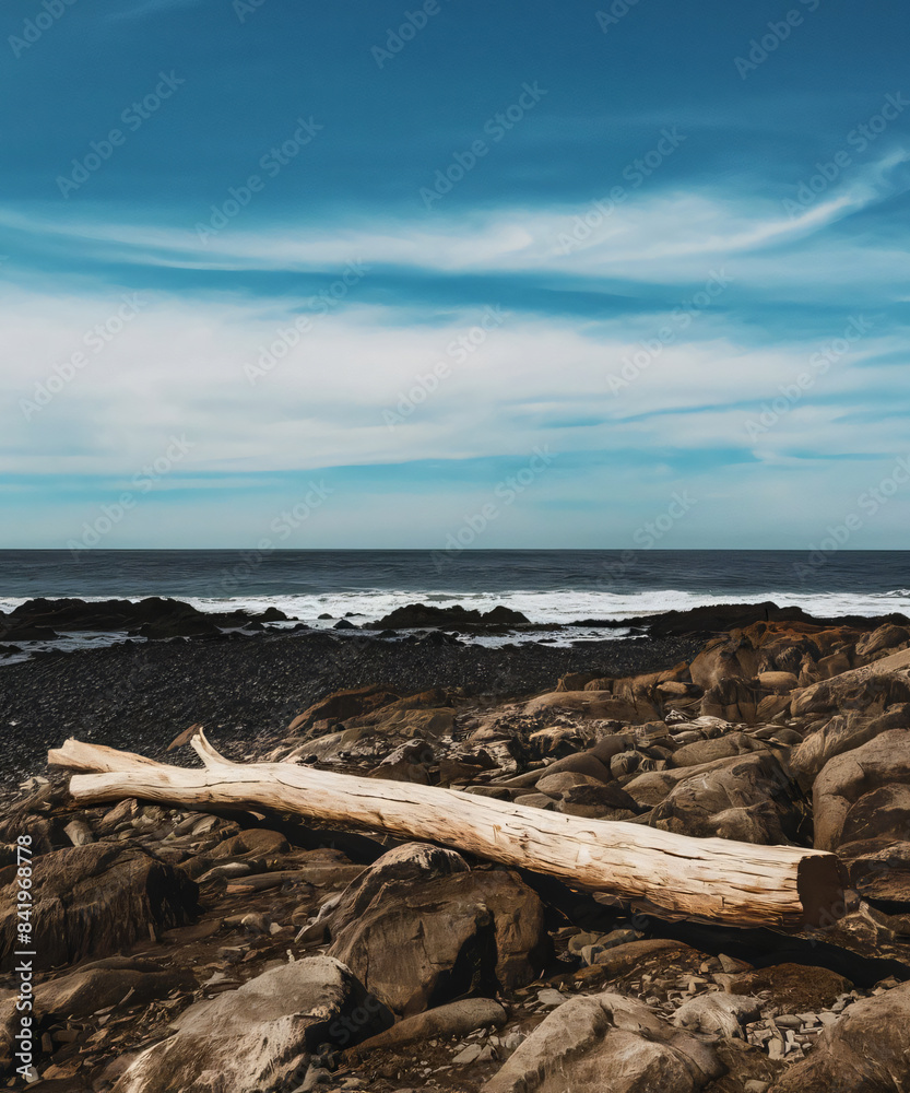 A rocky, deserted beach with a single driftwood log in the foreground, and a vast, cloudless sky above. A rocky, deserted beach with a single driftwood log in the foreground, and a vast, cloudless sky above.