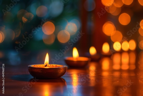 a row of lit candles on a wooden table photo