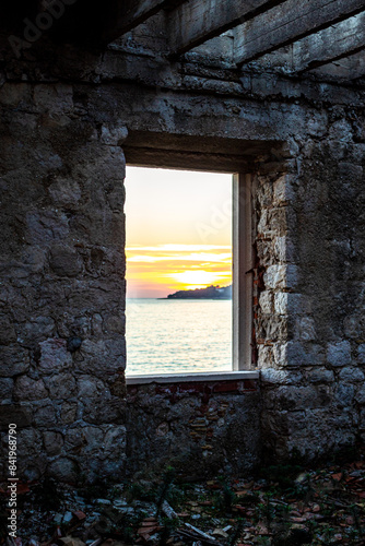 Croatian coastal sea view sunset through Balkan ocean window