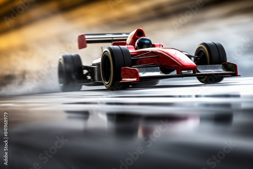 High-speed red formula race car speeding on a wet track with motion blur, showcasing dynamic motor racing action.