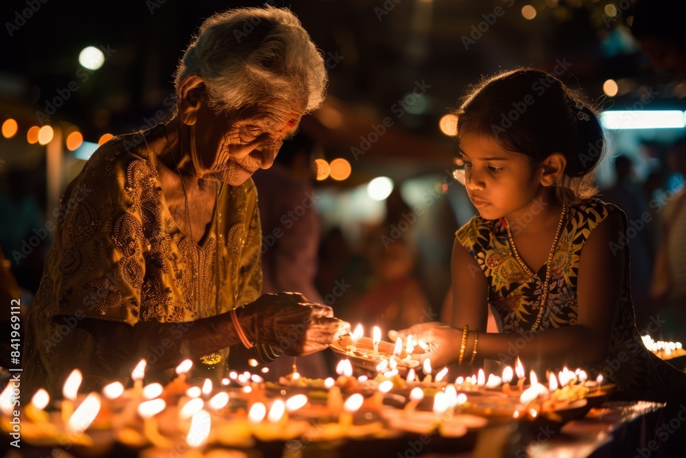an elderly woman and a young girl lighting candles an elderly woman and a young girl lighting candles