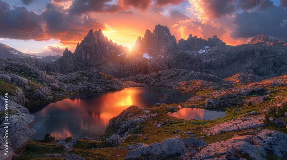 Obraz premium A dramatic mountain landscape with jagged peaks