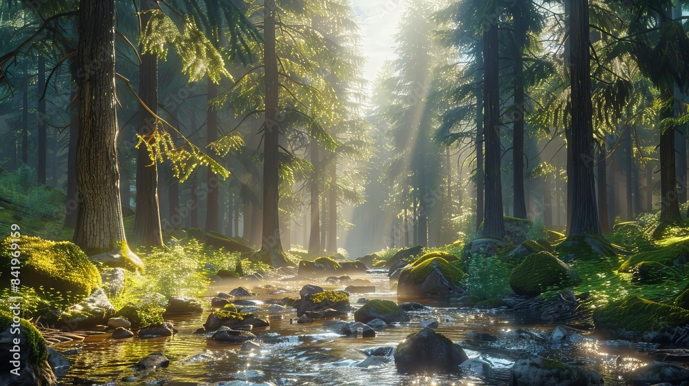 Obraz premium A tranquil forest landscape with towering pine trees