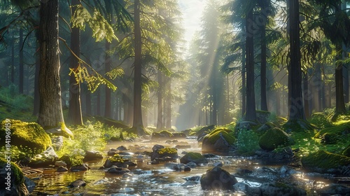 A tranquil forest landscape with towering pine trees