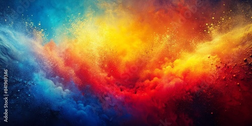 The image depicts an abstract, grainy gradient background featuring a blend of colors. The gradient includes shades of red, orange, yellow, and blue, transitioning smoothly into darker tones.