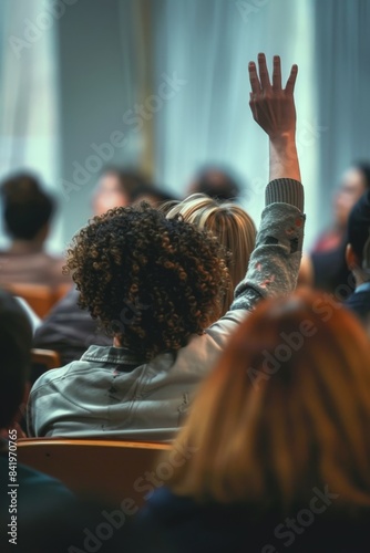 A group of people await with anticipation as one person raises their hand in a moment of suspense.
