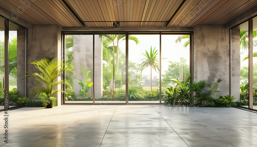 Contemporary Loft Style Room With Tropical Garden View - Concrete Floors, Walls, And Wooden Ceilings - 3d Render Design