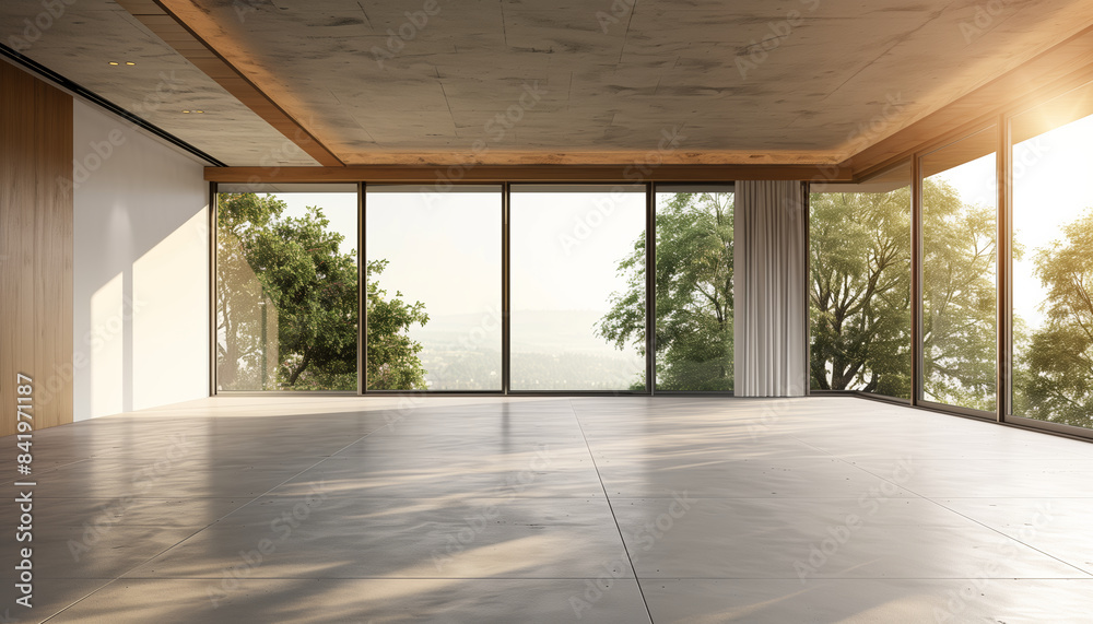 Modern Contemporary Empty Hall With Open Sliding Door Overlooking Nature View In 3d Render With Concrete Floors And Plank Ceilings. Modern Contemporary Empty Hall With Open Sliding Door Overlooking Nature View In 3d Render With Concrete Floors And Plank Ceilings.