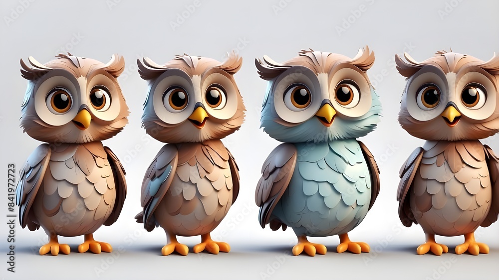 A collection of adorable, joyful, 3D cartoon owls, separated on a white backdrop. A collection of adorable, joyful, 3D cartoon owls, separated on a white backdrop.