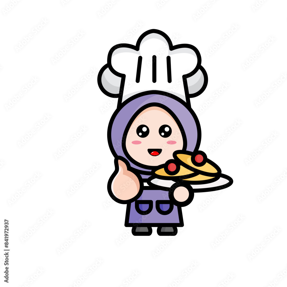 illustration of a Muslim chef in a headscarf serving cake
