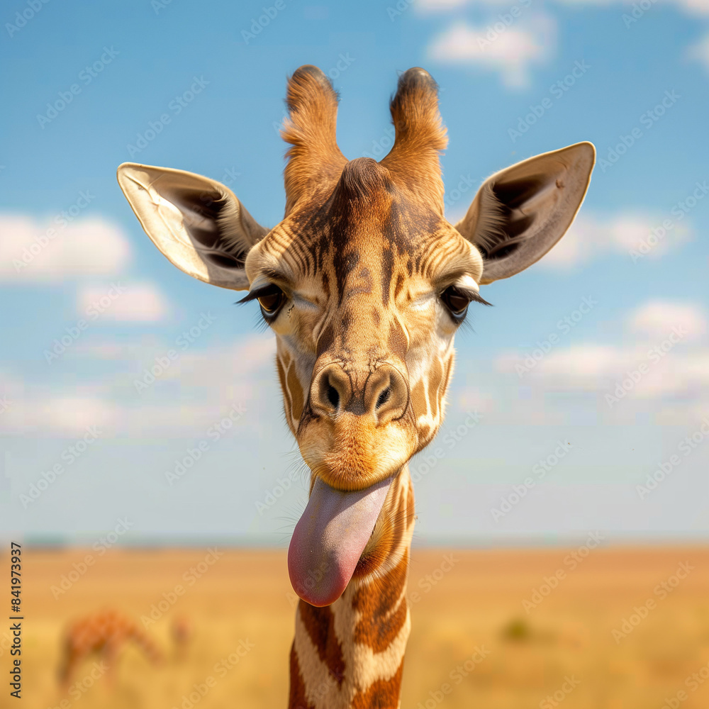 Naklejka premium A cute funny giraffe against the backdrop of a huge African savanna shows its tongue. Close-up of a majestic animal.