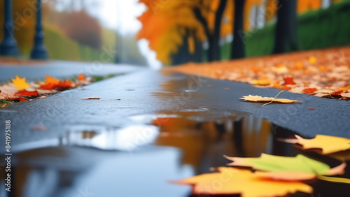 Paved wet 
 a road with puddles and orange fallen maple leaves in close-up