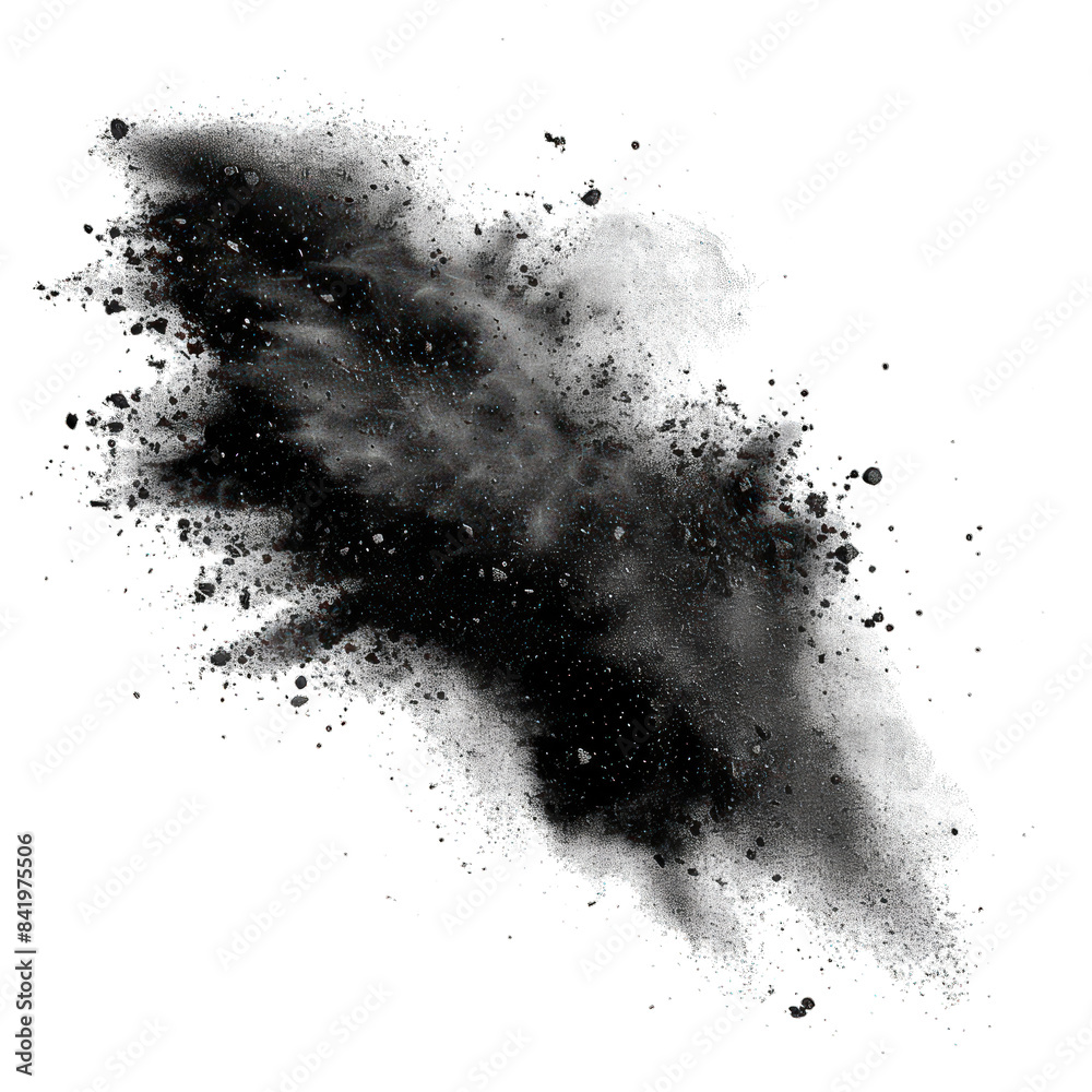 Abstract black powder explosion on white background. Black dust particles in motion creating unique artistic effect. Abstract black powder explosion on white background. Black dust particles in motion creating unique artistic effect.
