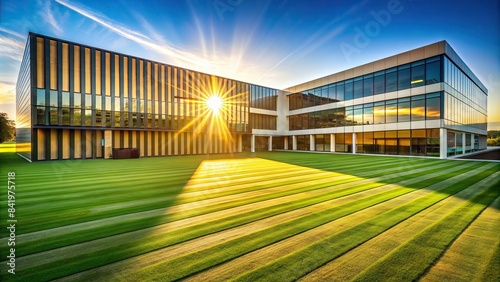 The golden rays of dawn illuminate a sleek, modern school building with geometric lines, casting long shadows across the freshly mowed lawns, modern school, architecture, sunrise photo