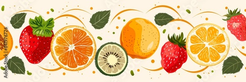 Abstract Fruit Background With Strawberries  Oranges  and Kiwi