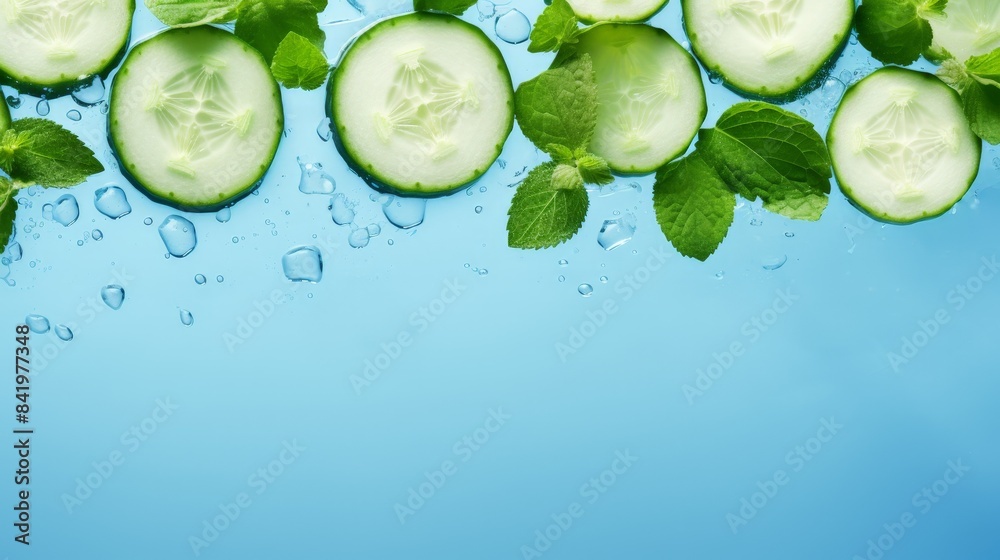 Fresh cucumber slices and mint leaves with water droplets on blue background, promoting healthy and refreshing summer concept.