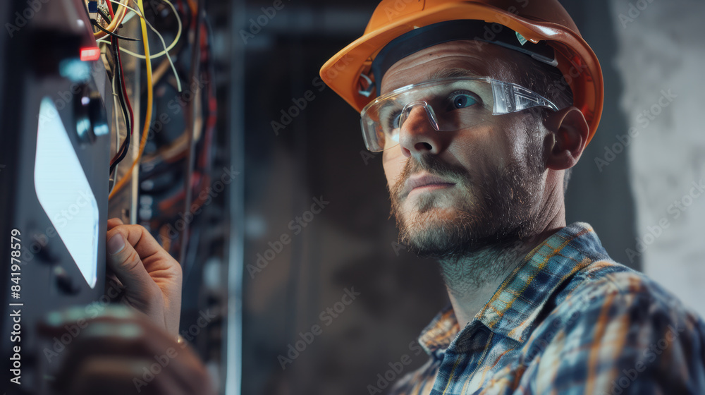 Portrait of an electrician with helmet and goggles standing in a power supply station. Portrait of an electrician with helmet and goggles standing in a power supply station.
