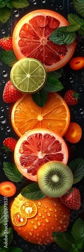 Vibrant Fruit Collage With Mint Leaves and Water Drops