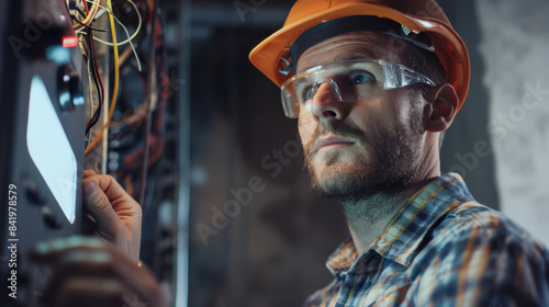 Portrait of an electrician with helmet and goggles standing in a power supply station.