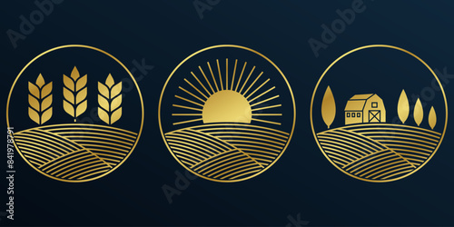 Agriculture, farm circle logo or icon with field, wheat, sun and barn house. Organic or eco food, nature, harvest symbol, label or badge design. Vector illustration.