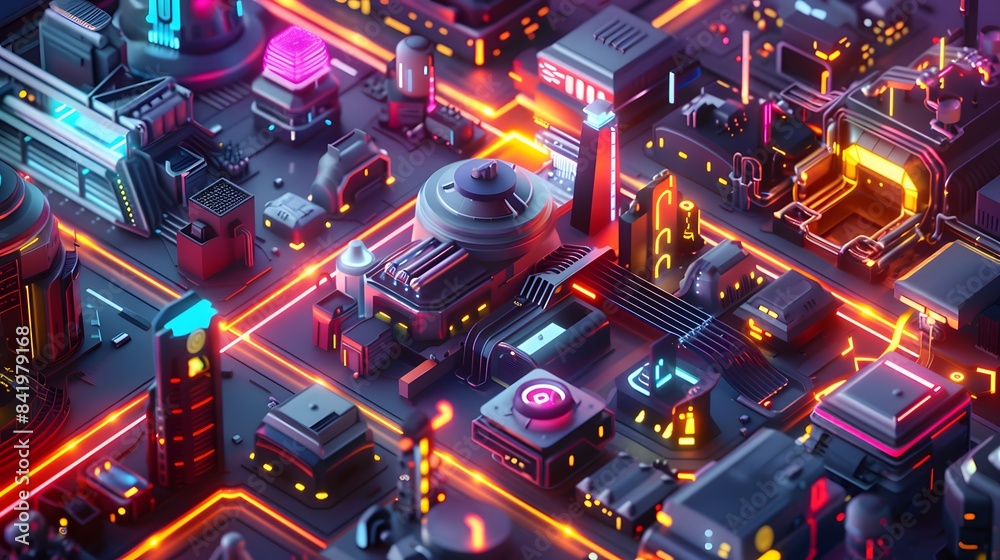 futuristic 3d isometric cityscape with neon lights futuristic 3d isometric cityscape with neon lights